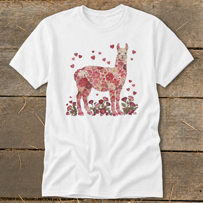 White t-shirt with a llama design made of pink and red flowers and hearts.