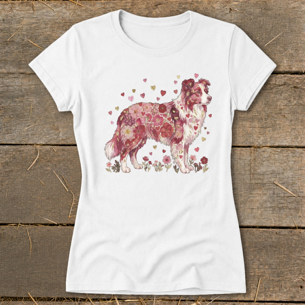 White t-shirt with a red merle Australian Shepherd made of flowers and hearts.