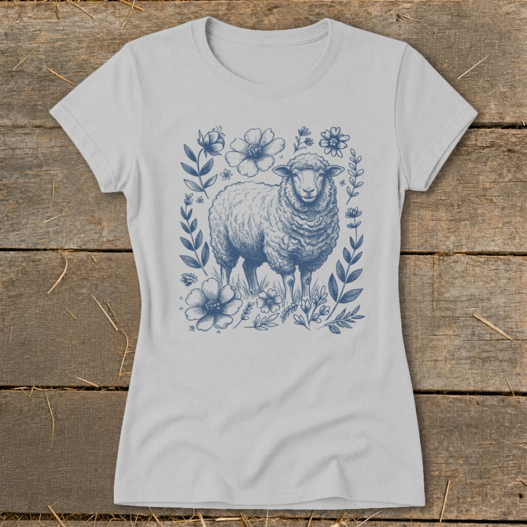 Gray t-shirt with a blue sheep and floral sketch design.