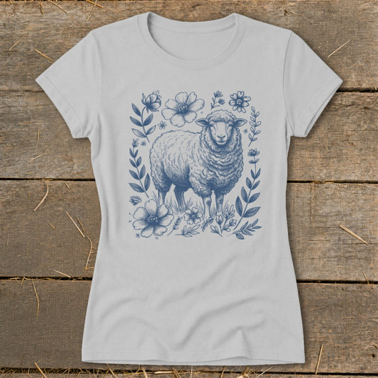 Gray t-shirt with a blue sheep and floral sketch design.