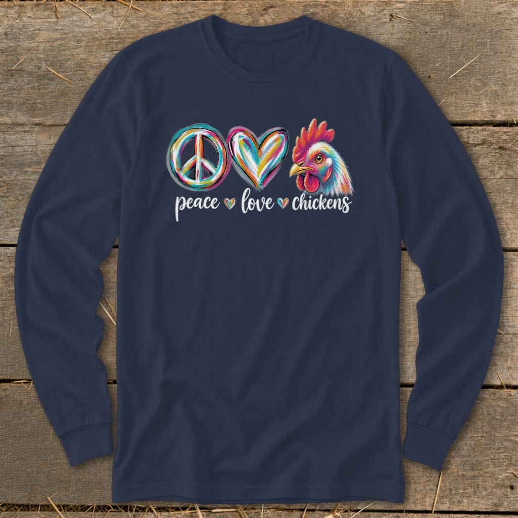 Peace, love, chickens text with peace sign, colorful heart, and rooster graphic.