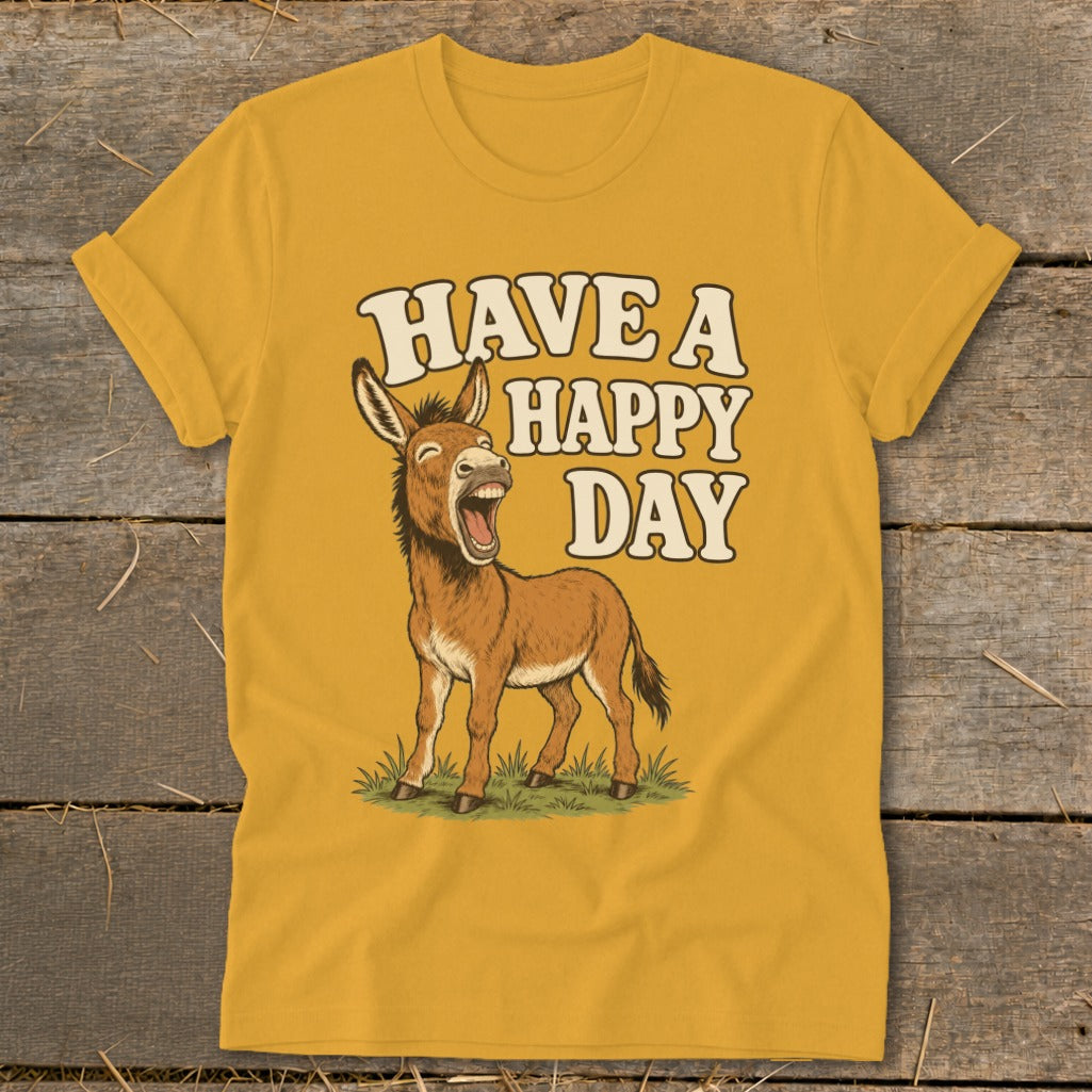 Yellow t-shirt with a laughing donkey graphic and "HAVE A HAPPY DAY" text.