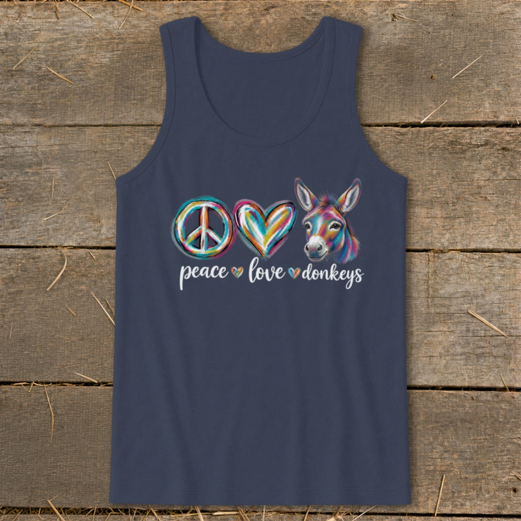 Navy tank top with peace, love, donkey graphic and text.
