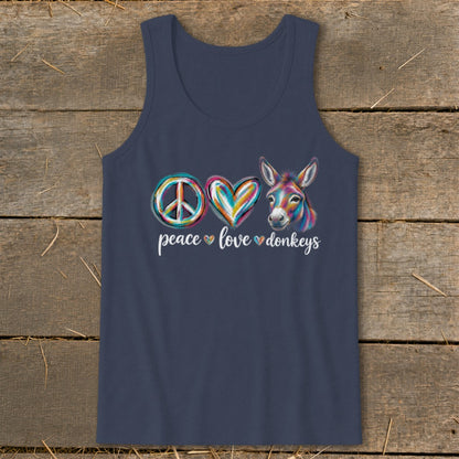 Navy tank top with peace, love, donkey graphic and text.