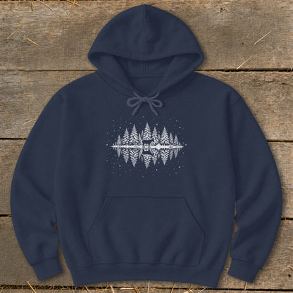 Navy hoodie with white mirrored forest and star graphic on chest.