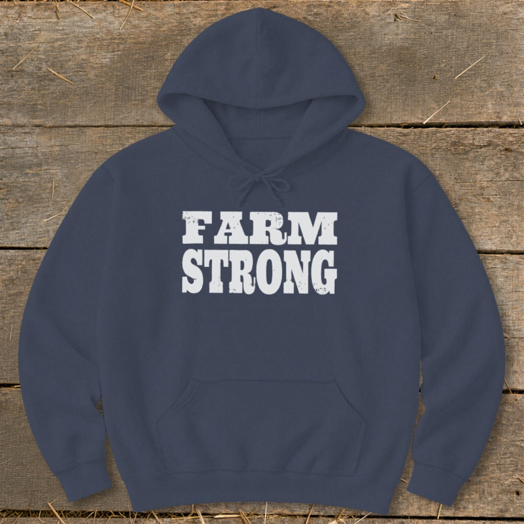 Dark blue hooded sweatshirt featuring the white distressed text FARM STRONG centered on the chest.