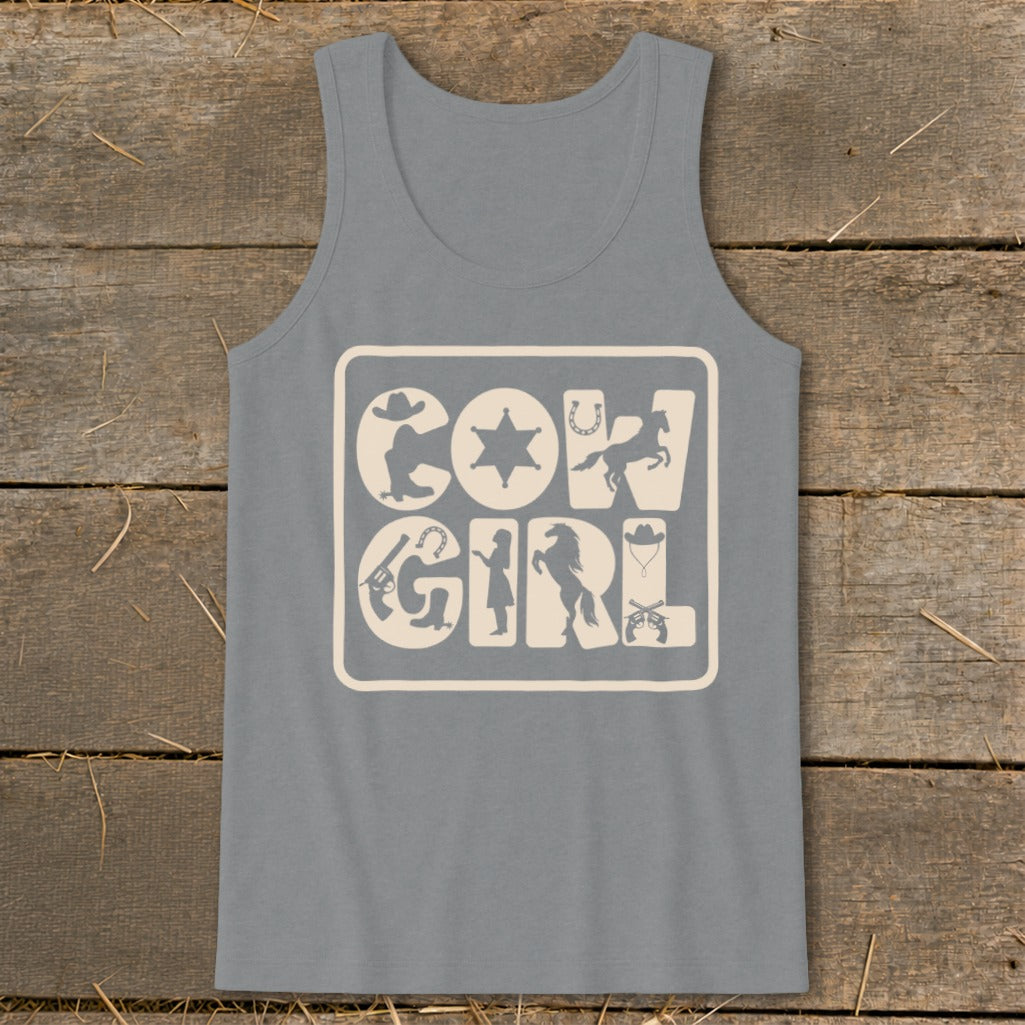 Gray tank top with beige "COWGIRL" text and western-themed graphics.