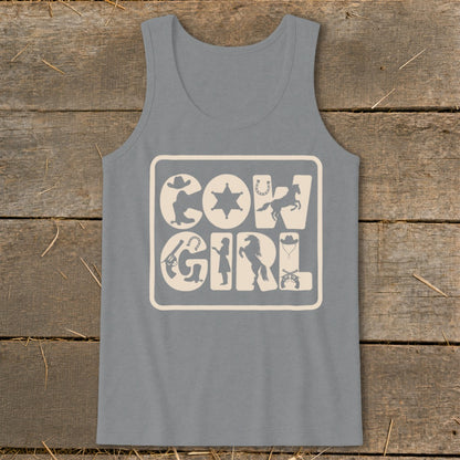 Gray tank top with beige "COWGIRL" text and western-themed graphics.