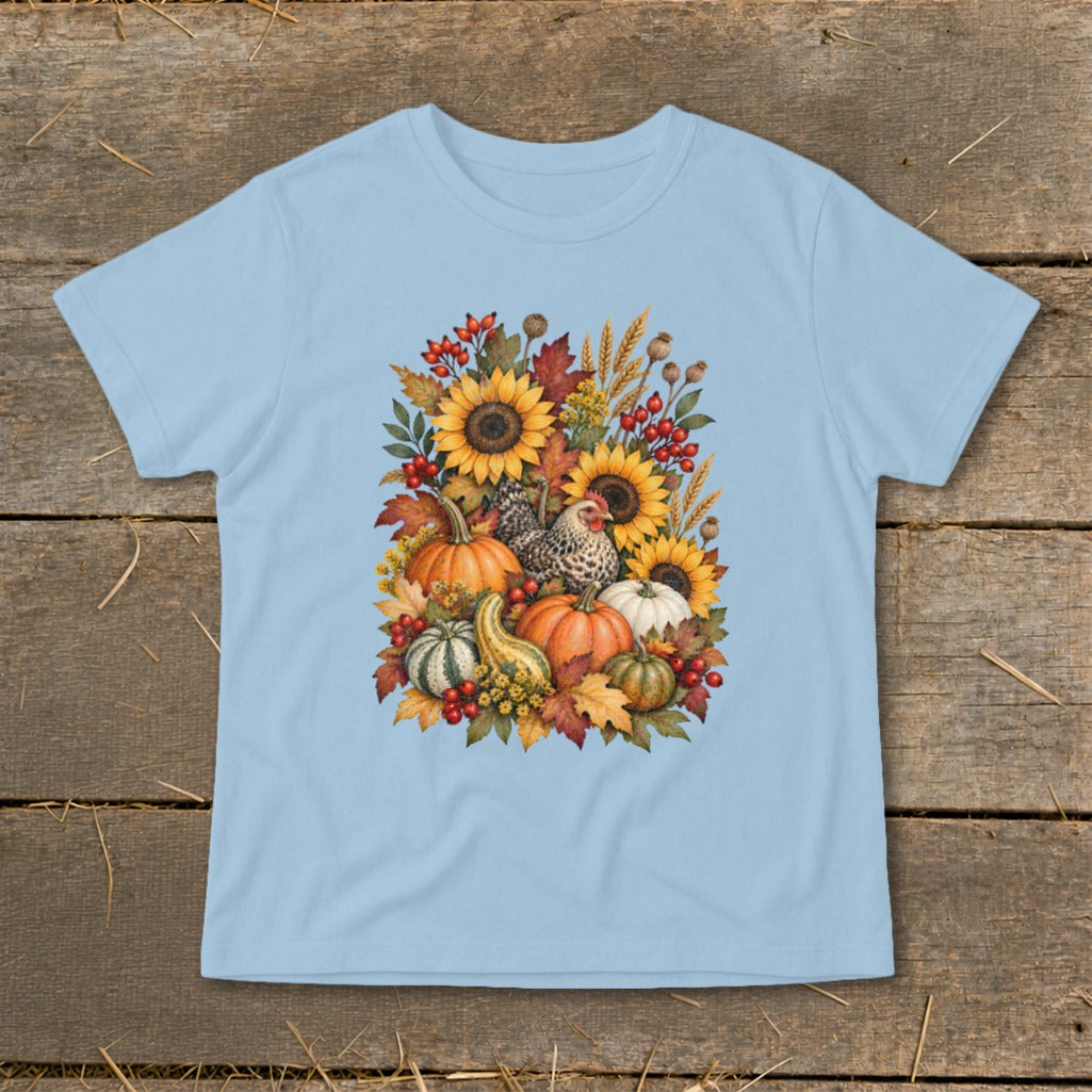 Light blue t-shirt with a fall harvest design featuring pumpkins, sunflowers, and chickens.