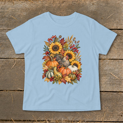 Light blue t-shirt with a fall harvest design featuring pumpkins, sunflowers, and chickens.