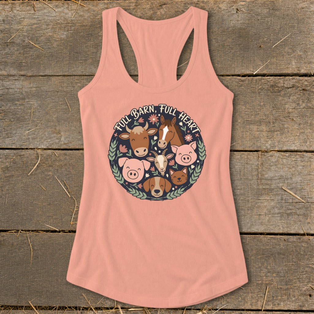 Peach tank top with a circular farm animal graphic and "FULL BARN, FULL HEART" text.