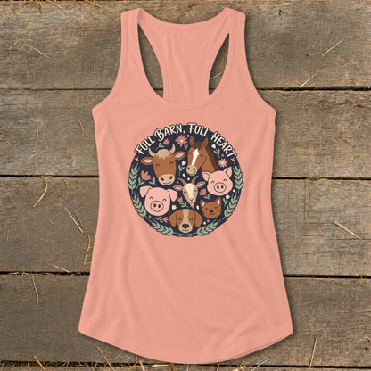 Peach tank top with a circular farm animal graphic and "FULL BARN, FULL HEART" text.