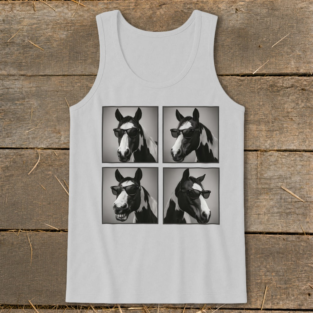 Four panel graphic on a tank top shows a horse wearing sunglasses.