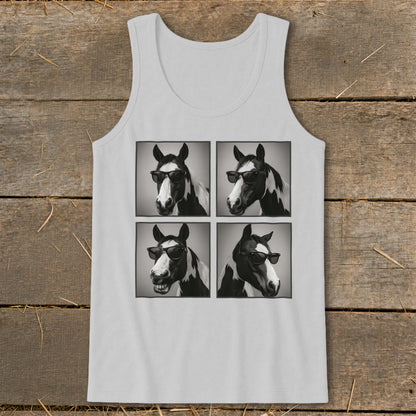 Four panel graphic on a tank top shows a horse wearing sunglasses.