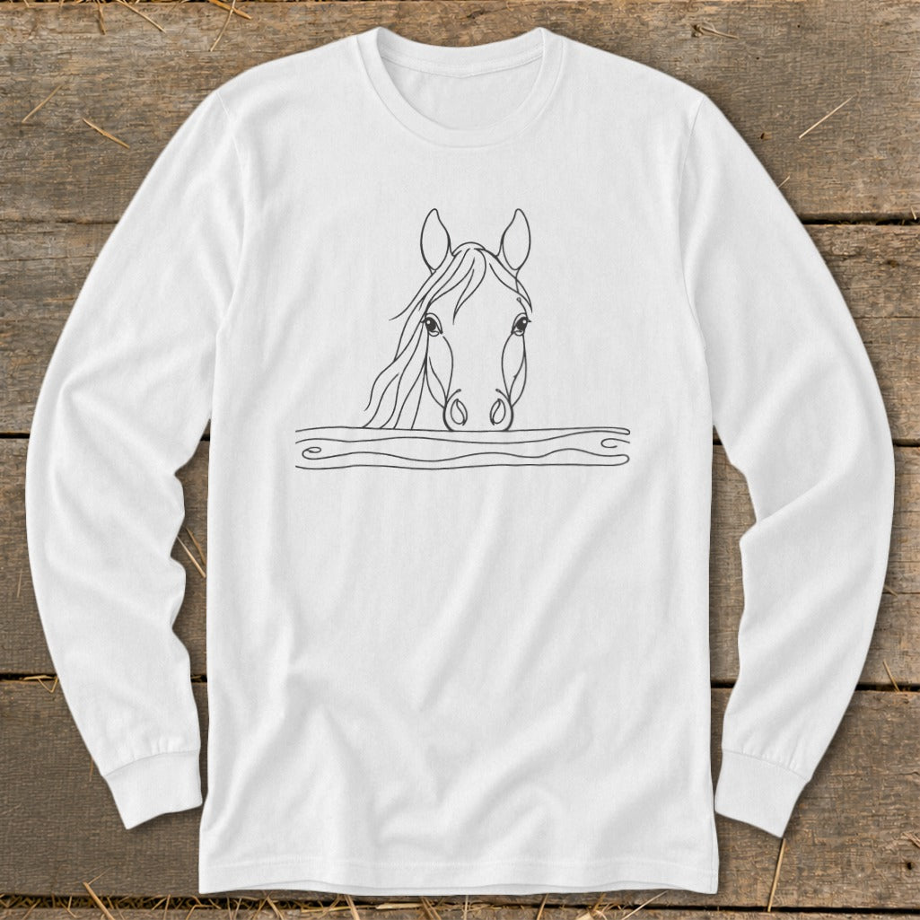 White long-sleeve shirt with a black line drawing of a horse's head.