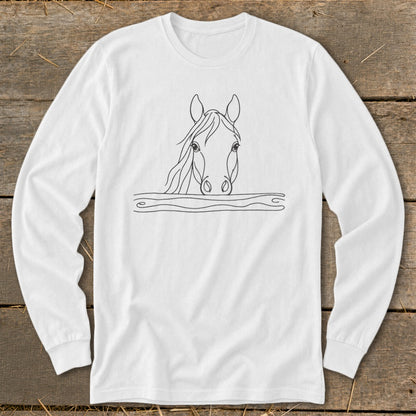 White long-sleeve shirt with a black line drawing of a horse's head.
