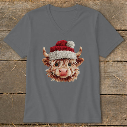 Grey v-neck t-shirt with a festive Highland cow wearing a Santa hat.
