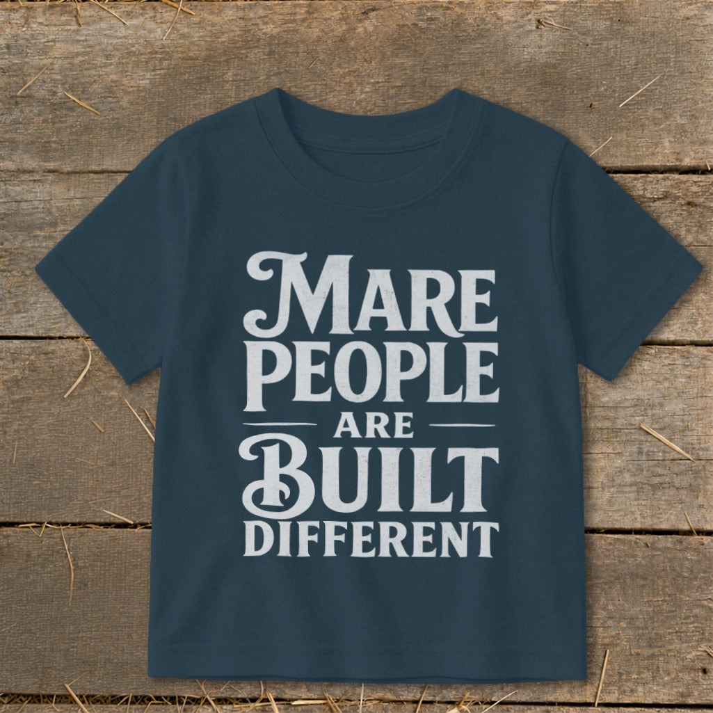Navy t-shirt with white text reading "Mare People Are Built Different".