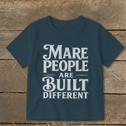 Navy t-shirt with white text reading "Mare People Are Built Different".