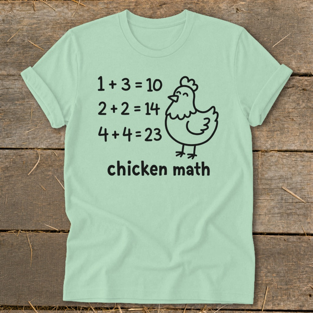 Mint t-shirt with cartoon chicken and "chicken math" text with incorrect equations.