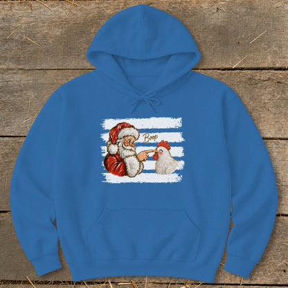 Santa booping a chicken on a blue hoodie with white stripes.