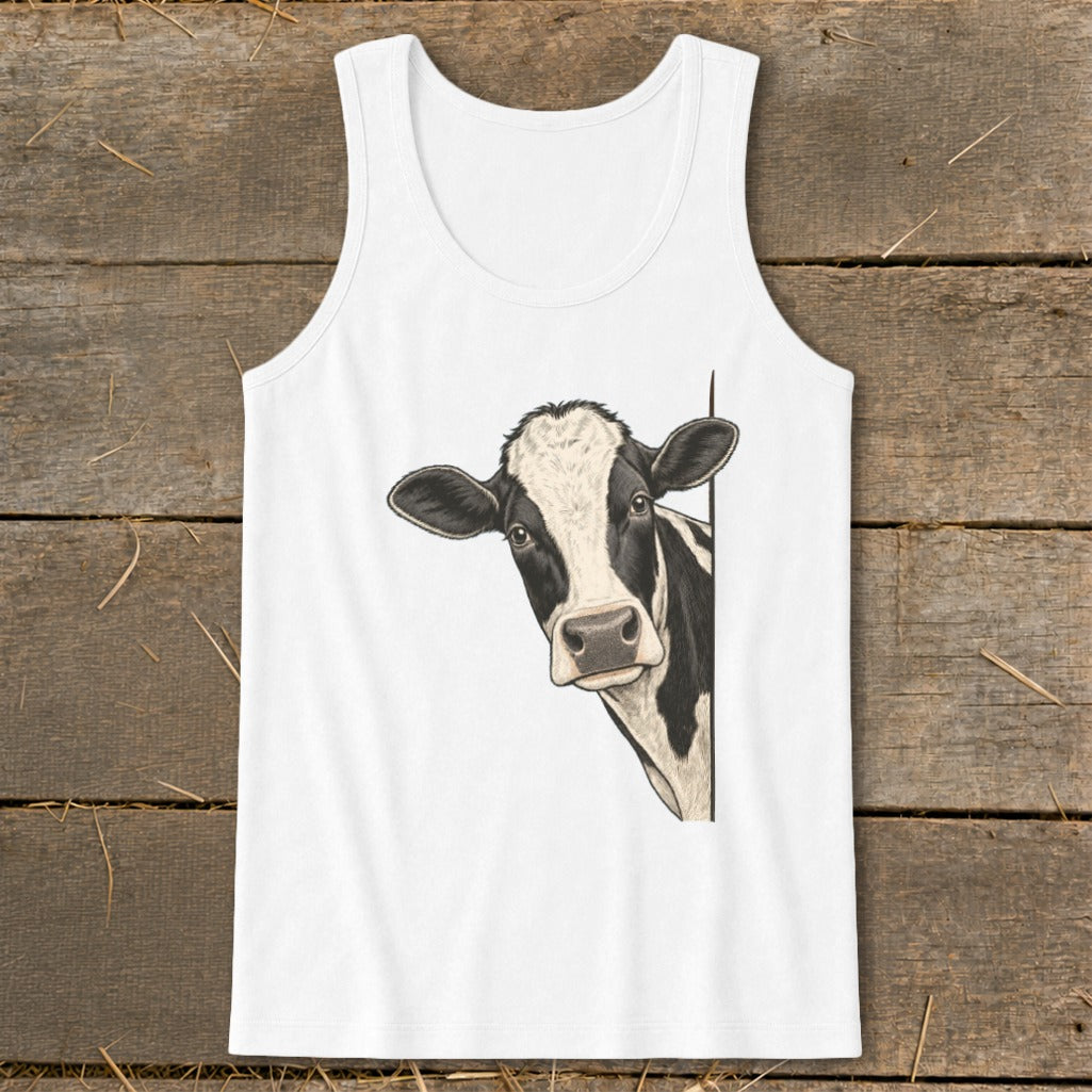 White tank top with black and white cow peeking from the side.