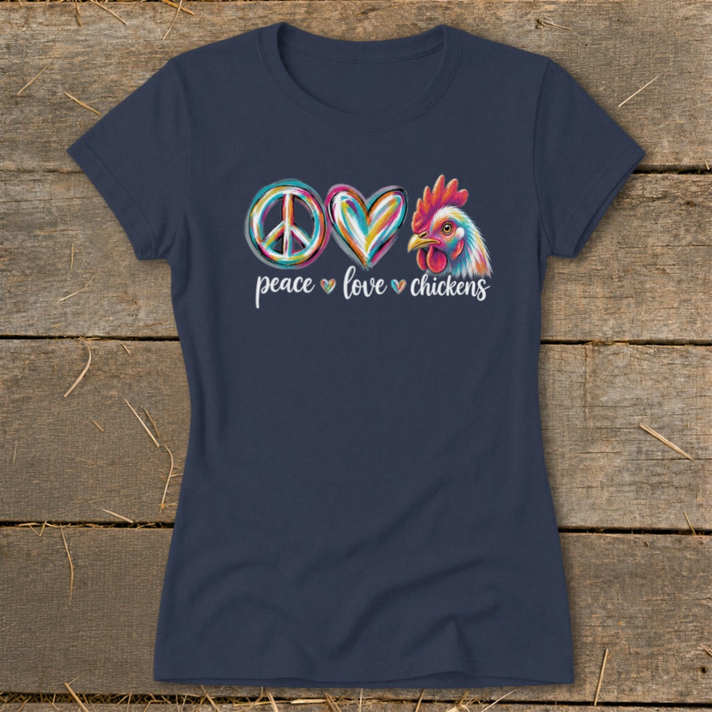 Navy t-shirt with peace, heart, and chicken graphics and text "peace love chickens".