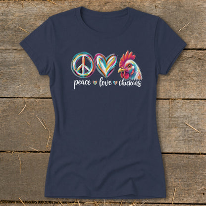 Navy t-shirt with peace, heart, and chicken graphics and text "peace love chickens".