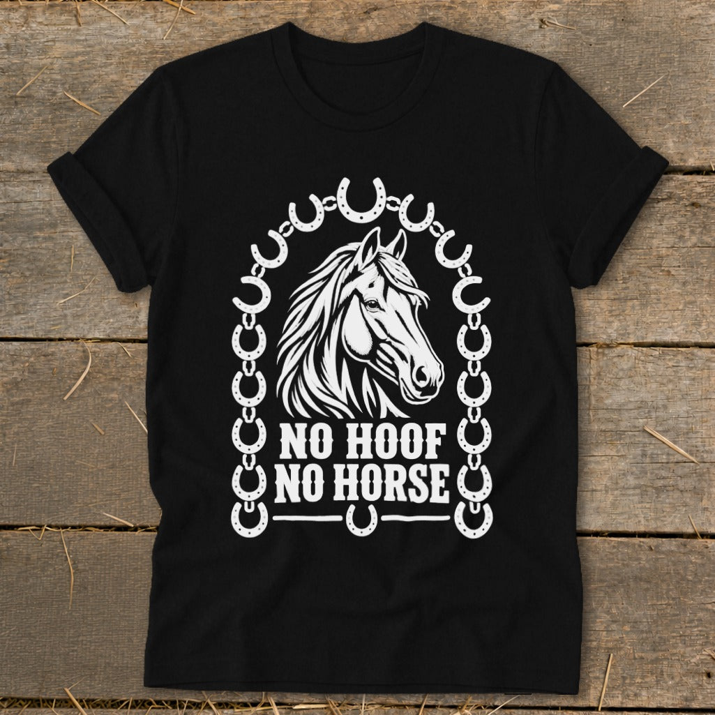 Black t-shirt with white horse head graphic and "No Hoof No Horse" text.