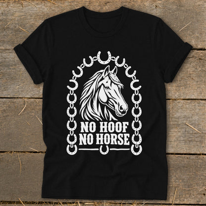 Black t-shirt with white horse head graphic and "No Hoof No Horse" text.