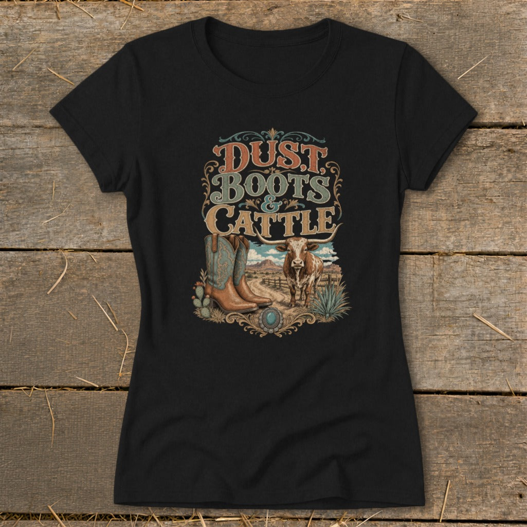 Black t-shirt with "Dust, Boots & Cattle" graphic featuring cowboy boots and a cow.