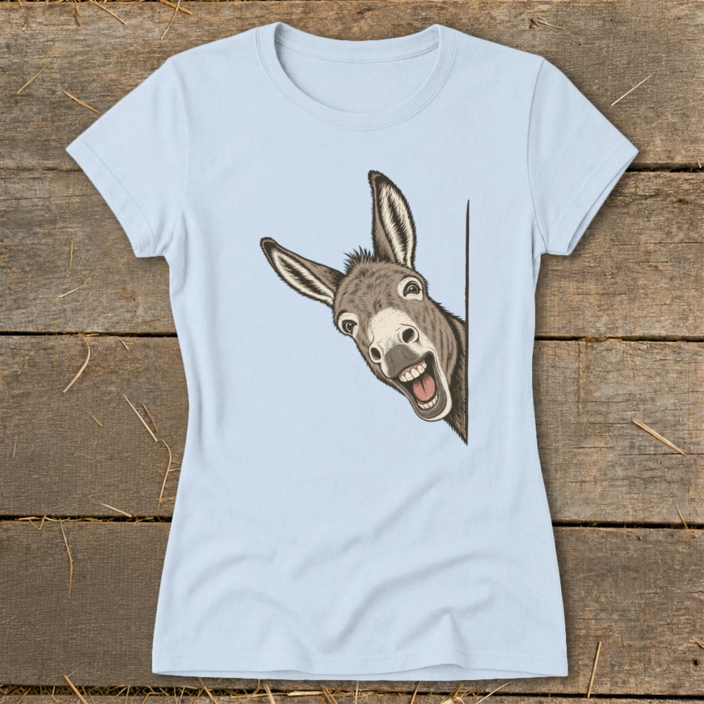 Light blue t-shirt with a cartoon donkey peeking over a white border.