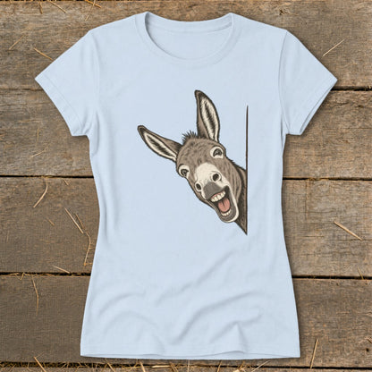 Light blue t-shirt with a cartoon donkey peeking over a white border.