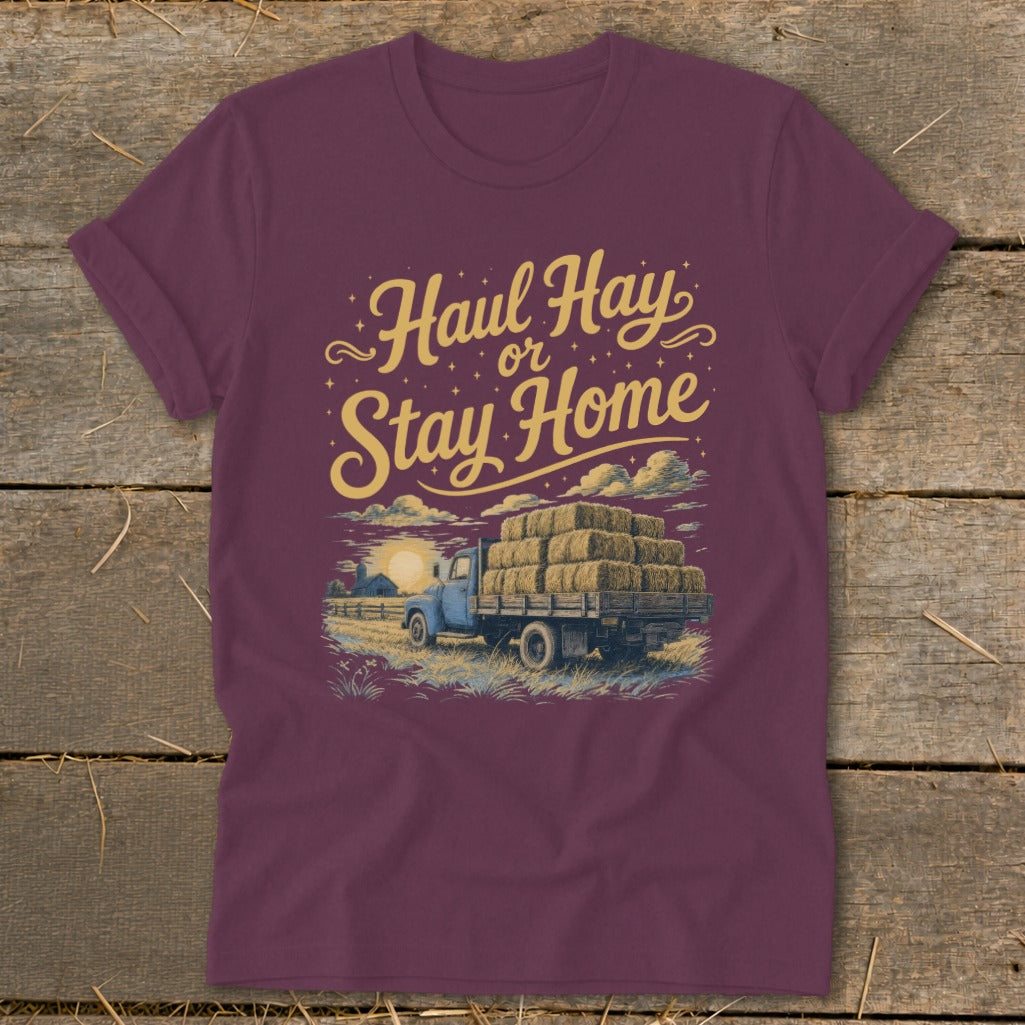T-shirt graphic with "Haul Hay or Stay Home" text over a vintage truck loaded with hay bales.