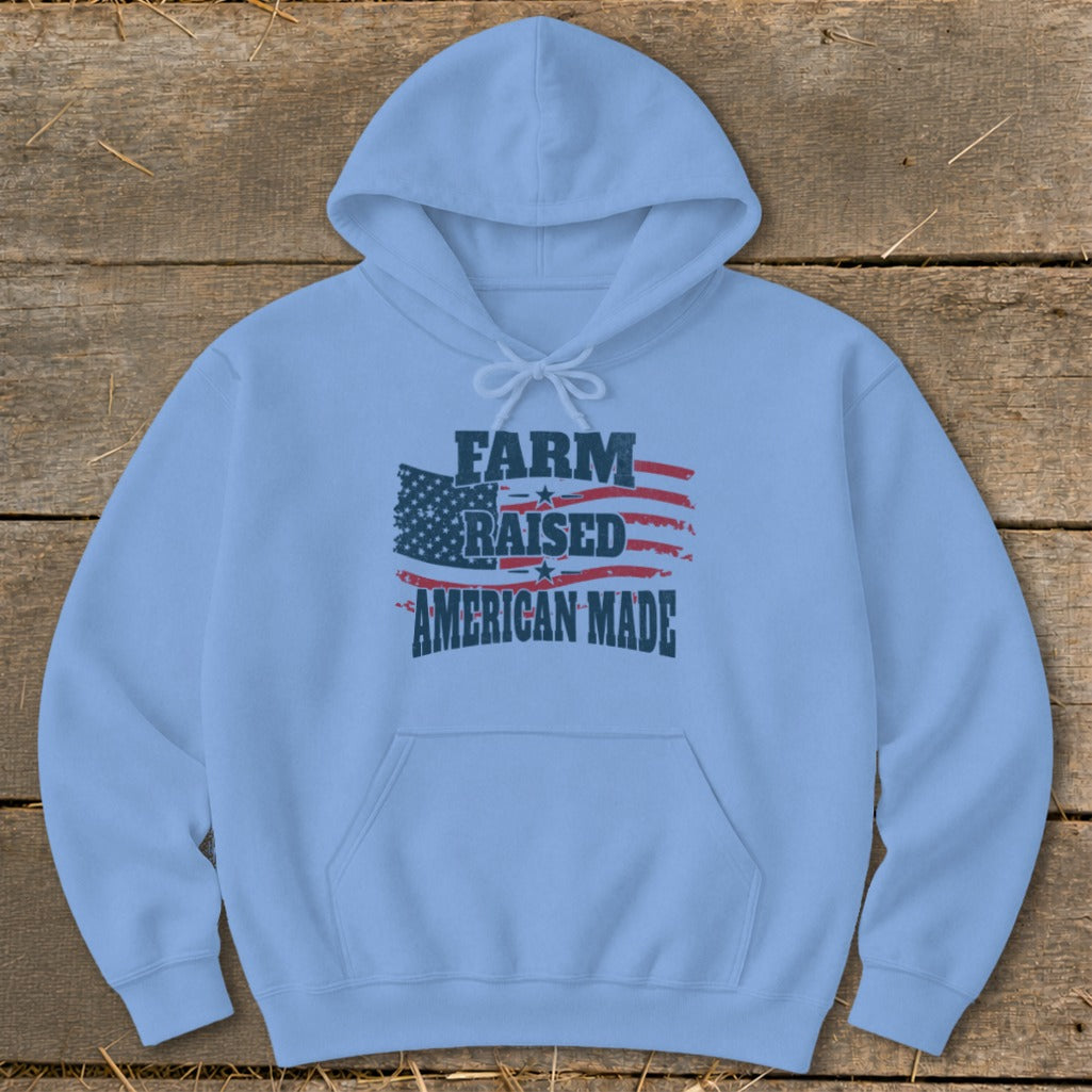 Light blue hoodie with "Farm Raised American Made" text over an American flag graphic.