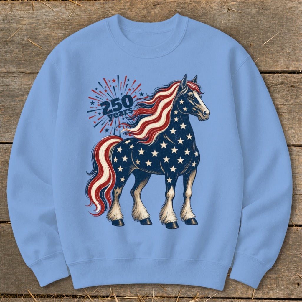 Blue sweatshirt with a patriotic horse and "250 Years" text with fireworks.