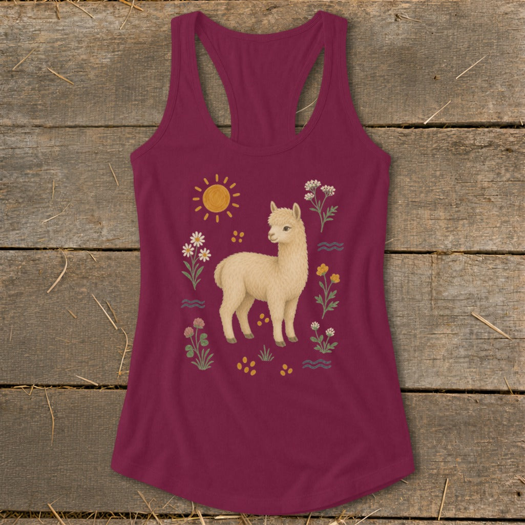 Maroon tank top with a cream alpaca and floral design.