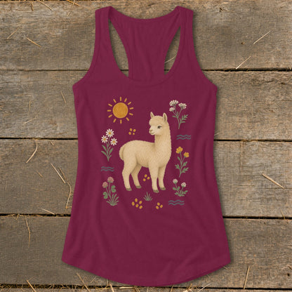 Maroon tank top with a cream alpaca and floral design.