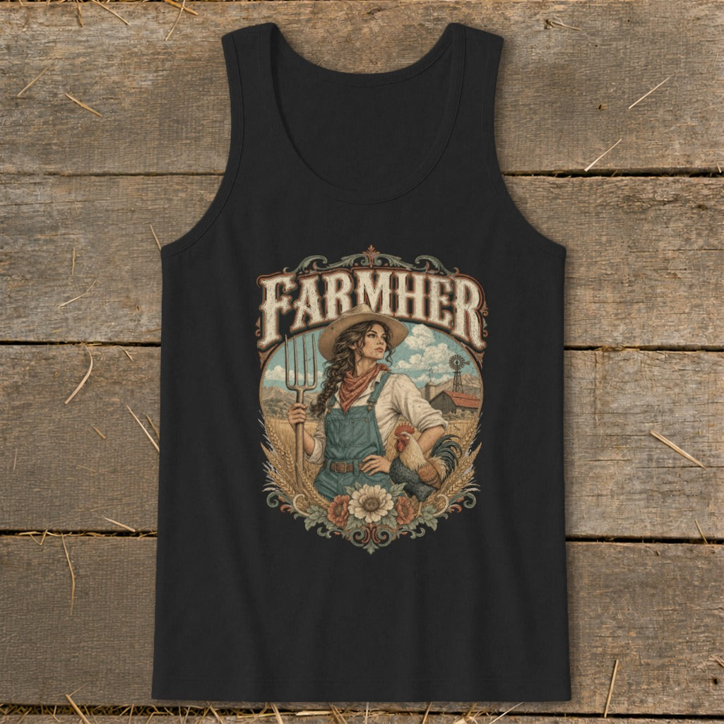 Black tank top with "FARMHER" graphic featuring a woman with a pitchfork and rooster.