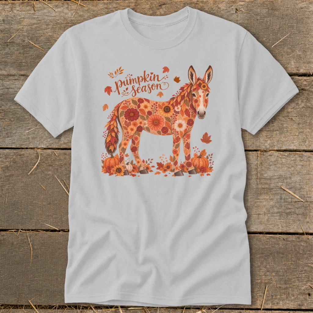 Light gray t-shirt with a donkey decorated in flowers and leaves, and "Pumpkin season" text.