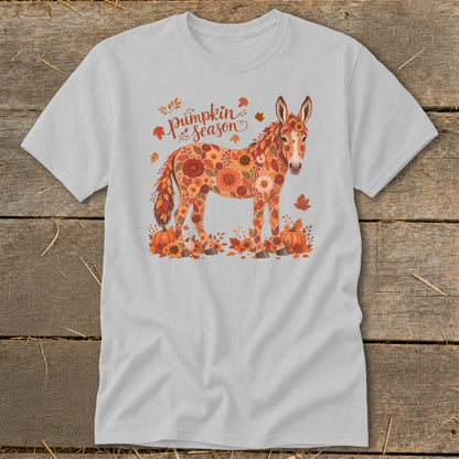 Light gray t-shirt with a donkey decorated in flowers and leaves, and "Pumpkin season" text.