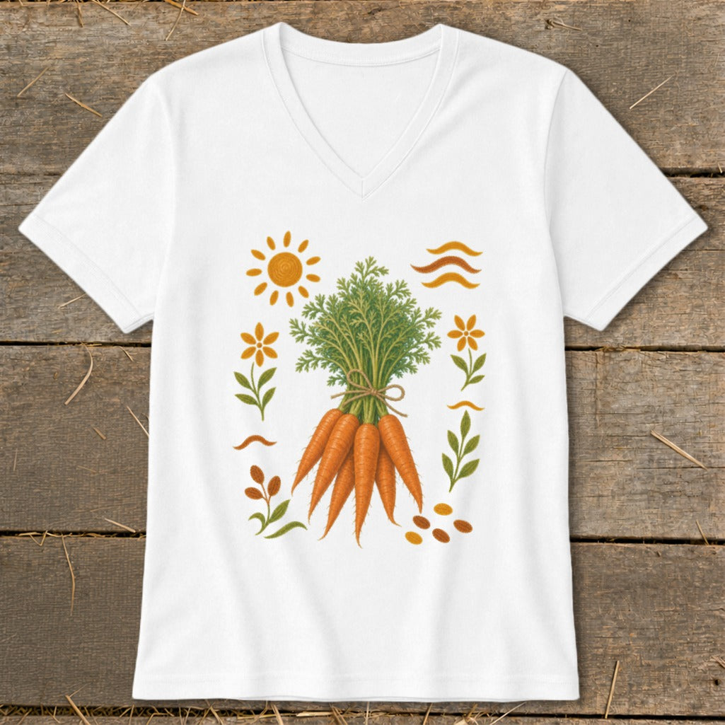 White v-neck t-shirt with a graphic of carrots, sun, and flowers.