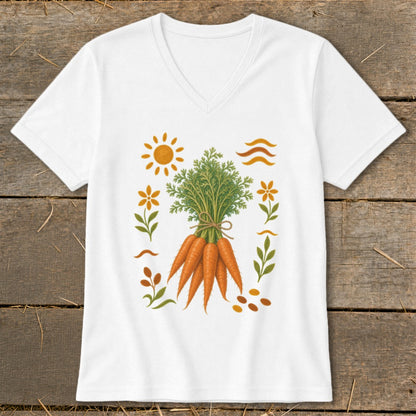 White v-neck t-shirt with a graphic of carrots, sun, and flowers.