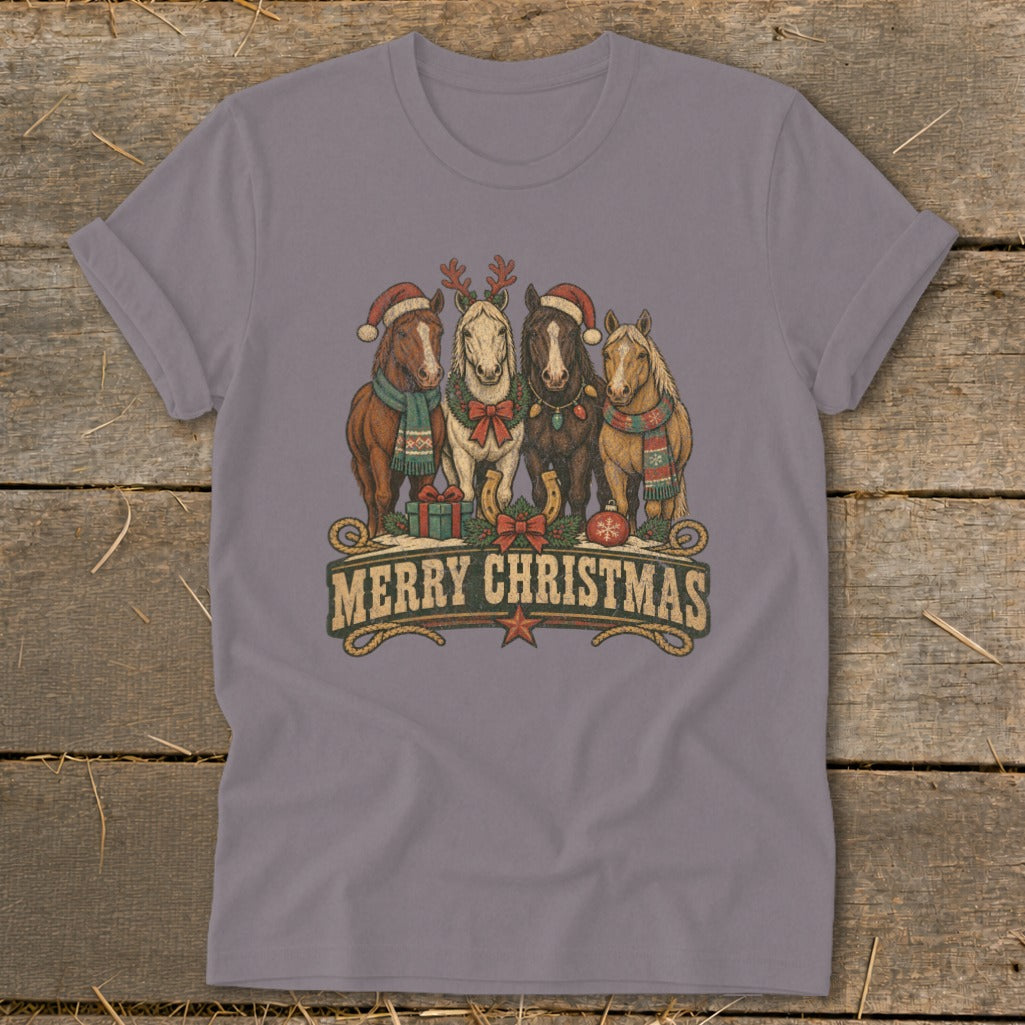 Four horses in festive holiday attire stand with "Merry Christmas" text.