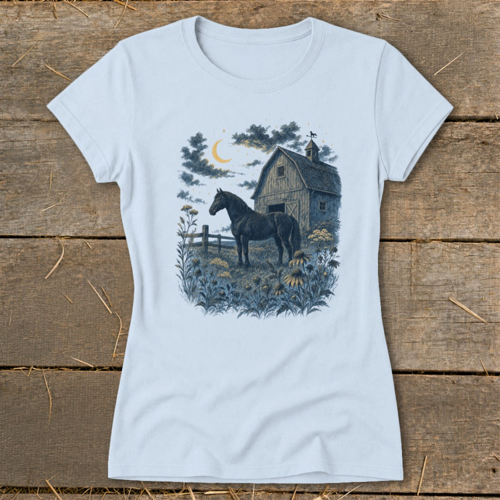 Dark horse stands in field before barn under crescent moon with flowers.
