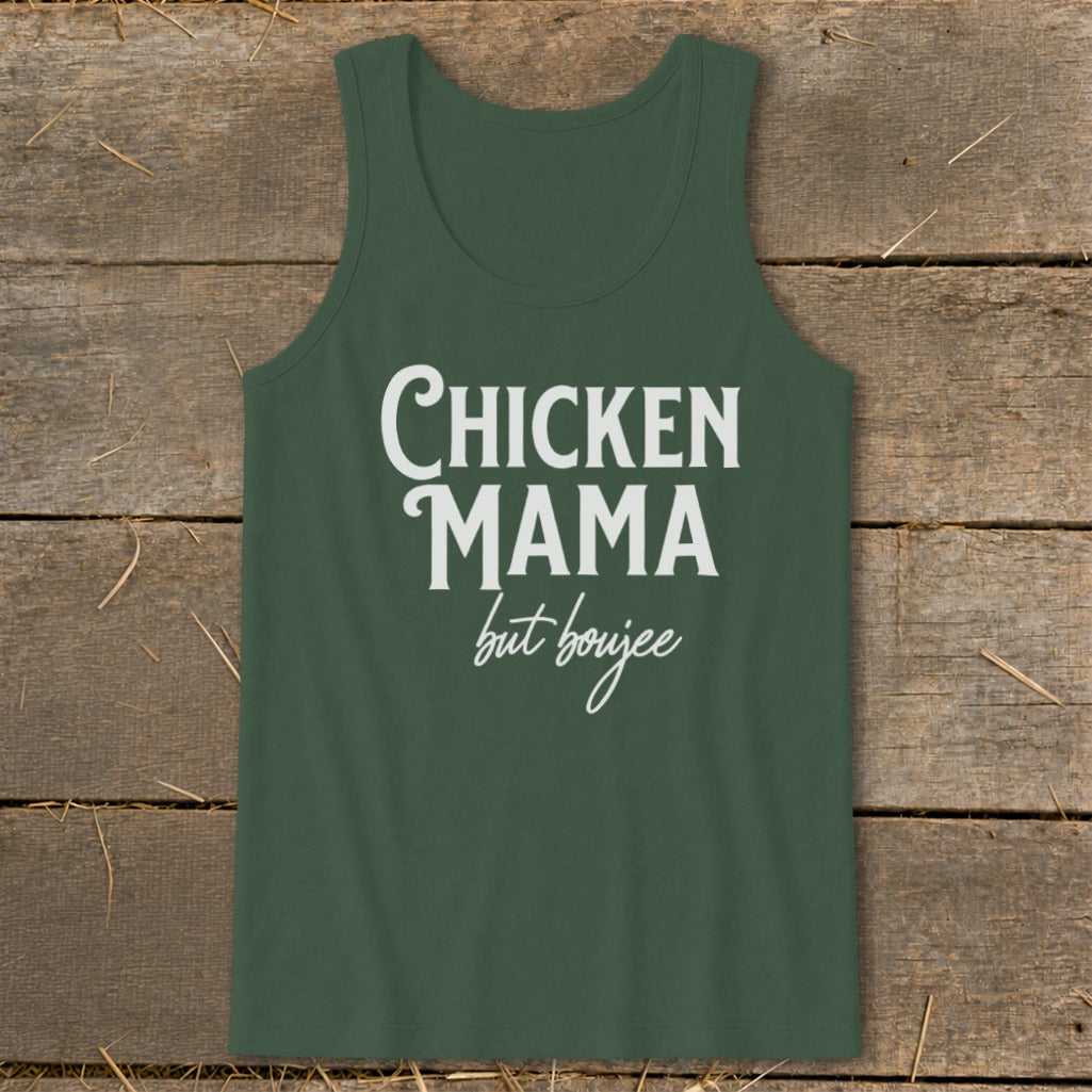 Green tank top with "Chicken Mama but boujee" text in white.