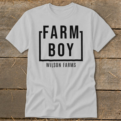 Grey t-shirt with "FARM BOY WILSON FARMS" text logo.