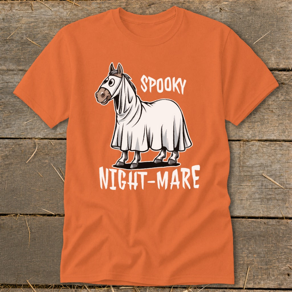 Horse in a sheet costume with "Spooky Night-Mare" text.