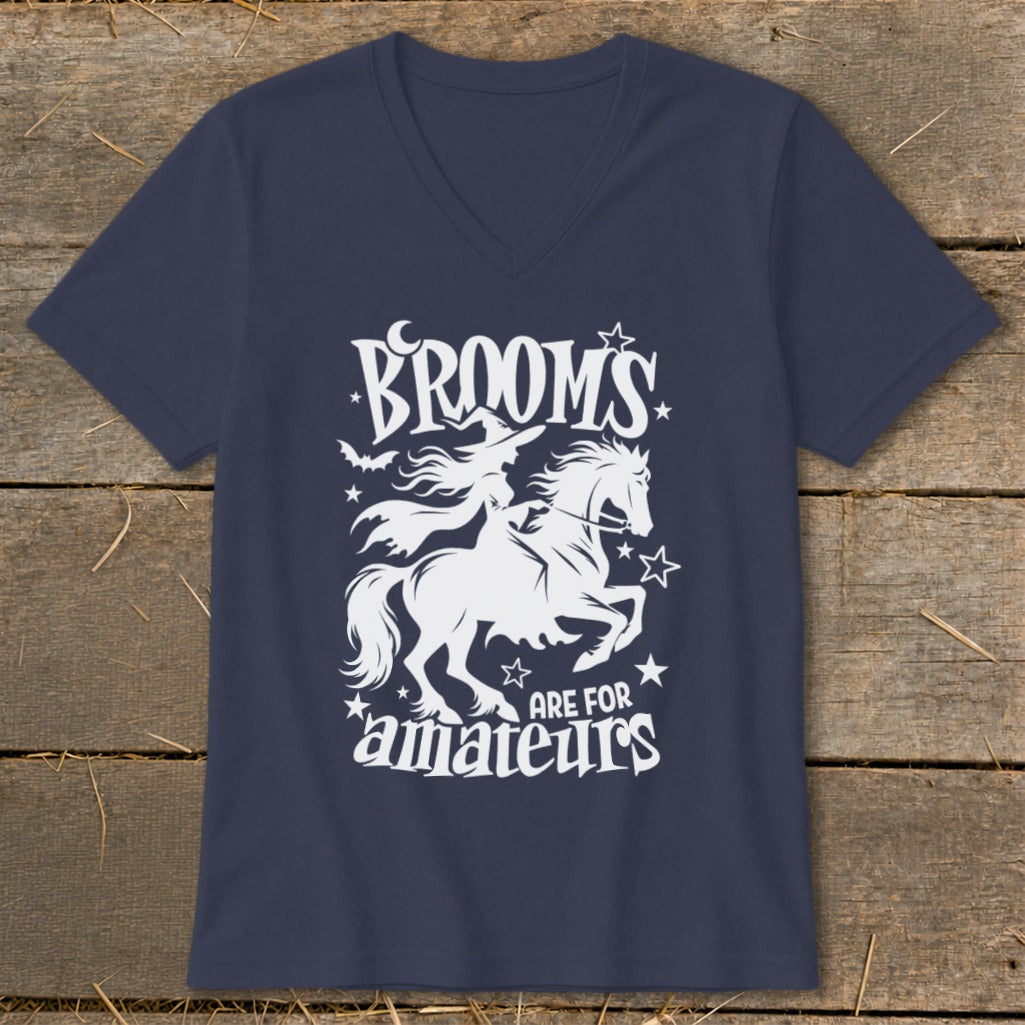 Navy t-shirt with white graphic of a witch riding a horse, text reads "Broom's are for amateurs".