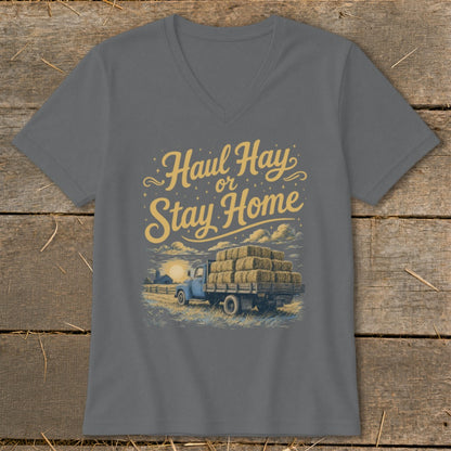 Gray t-shirt with "Haul Hay or Stay Home" text and a truck loaded with hay bales.
